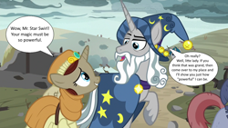 Size: 1280x720 | Tagged: safe, edit, edited screencap, screencap, amaranthine, star swirl the bearded, stygian, weathered jewel, pony, unicorn, g4, shadow play, background pony, female, implied sex, male, mare, speech bubble, stallion, villager