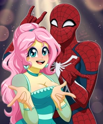 Size: 2846x3427 | Tagged: safe, artist:ameliacostanza, fluttershy, human, equestria girls, g4, breasts, busty fluttershy, cleavage, clothes, crossover, dress, female, high res, male, marvel, spider-man