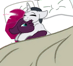 Size: 584x525 | Tagged: safe, artist:decokenite, artist:madzbases, chancellor neighsay, fizzlepop berrytwist, tempest shadow, pony, unicorn, g4, bed, broken horn, duo, eyes closed, female, floppy ears, heart, horn, in bed, looking at someone, male, mare, shipping, snuggling, stallion, straight, tempest neighsay