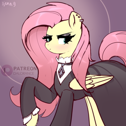 Size: 3000x3000 | Tagged: safe, artist:xjenn9, fluttershy, pegasus, pony, g4, aside glance, blushing, clothes, dress, ear piercing, female, fluttergoth, folded wings, goth, high res, lidded eyes, looking at you, mare, piercing, raised hoof, solo, standing, three quarter view, wings