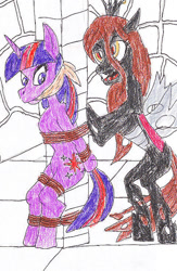 Size: 481x739 | Tagged: safe, artist:godzilla713, queen chrysalis, twilight sparkle, pony, g4, alternate design, bondage, cloth gag, duo, female, gag, kidnapped, pole, pole tied, tied up, traditional art