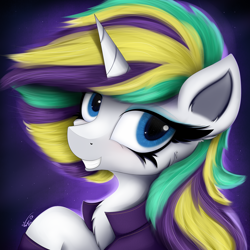 Size: 4000x4000 | Tagged: safe, artist:ser-p, rarity, pony, unicorn, g4, absurd resolution, alternate hairstyle, bust, female, grin, mare, portrait, punk, raripunk, signature, smiling, solo