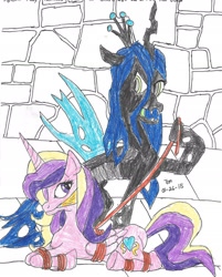 Size: 1700x2111 | Tagged: safe, artist:godzilla713, princess cadance, queen chrysalis, alicorn, changeling, changeling queen, pony, canterlot wedding 10th anniversary, a canterlot wedding, g4, anatomically incorrect, bondage, changeling domination, cleave gag, cloth gag, duo, duo female, female, gag, incorrect leg anatomy, looking at each other, looking at someone, lying down, tied up, traditional art