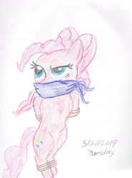 Size: 1280x1726 | Tagged: safe, artist:bluesplendont, pinkie pie, earth pony, human, pony, equestria girls, g4, bondage, chest fluff, cloth gag, confused, gag, solo, tied up, traditional art