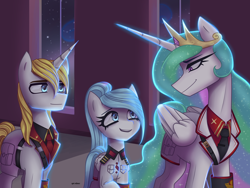 Size: 3030x2280 | Tagged: safe, artist:opal_radiance, prince blueblood, princess celestia, oc, oc:opal rosamond, alicorn, pegasus, pony, unicorn, g4, clothes, high res, looking at each other, looking at someone, night, princess, smiling, solar empire, sternocleidomastoid, talk, uniform, walk, white