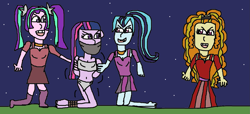 Size: 2019x920 | Tagged: safe, artist:mattjohn1992, adagio dazzle, aria blaze, sonata dusk, twilight sparkle, human, equestria girls, g4, 1000 hours in ms paint, angry, bikini, bondage, cloth gag, clothes, damsel in distress, dress, gag, glare, kidnapped, looking at each other, looking at someone, rope, rope bondage, swimsuit, the dazzlings, the dazzlings have returned, tied up