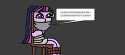 Size: 989x435 | Tagged: safe, artist:mattjohn1992, twilight sparkle, human, equestria girls, g4, 1000 hours in ms paint, cloth gag, damsel in distress, gag, glare, looking at someone, muffled words, tied to chair, tied up