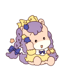 Size: 420x435 | Tagged: safe, artist:paperrabbits333, milky, earth pony, pony, g1, bow, braid, clothes, dress, hair accessory, hair bow, hairpin, long hair, purple hair, reproduction, simple background, sitting, solo, stars, takara pony, trace, transparent background, yellow dress