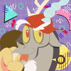 Size: 1280x1280 | Tagged: safe, discord, draconequus, a matter of principals, g4, '90s, abstract background, cap, hat, horns, how do you do fellow kids, male, retro, solo, tongue out