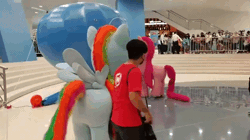 Size: 600x337 | Tagged: safe, pinkie pie, rainbow dash, earth pony, human, pony, g4, animated, clothes, costume, irl, irl human, mascot, philippines, photo, quadsuit