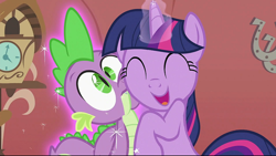 Size: 1280x723 | Tagged: safe, screencap, spike, twilight sparkle, dragon, pony, unicorn, g4, season 2, the return of harmony, ^^, cute, daaaaaaaaaaaw, duo, eyes closed, female, happy, hug, magic, male, mare, spikelove, talking, telekinesis, twiabetes