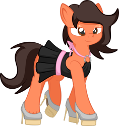 Size: 1920x2034 | Tagged: safe, artist:alexdti, oc, oc only, oc:robertapuddin, earth pony, pony, clothes, crossdressing, dress, earth pony oc, eyeshadow, femboy, full body, high heels, hoof shoes, hooves, lidded eyes, makeup, male, raised leg, shoes, simple background, smiling, solo, stallion, tail, transparent background