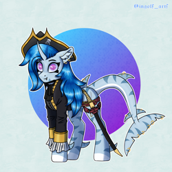 Size: 3669x3669 | Tagged: safe, artist:ingolf arts, oc, oc only, oc:pearl wave, original species, pony, shark, shark pony, unicorn, clothes, cutlass, digital art, ear fluff, ear piercing, earring, female, fish tail, hat, high res, horn, jewelry, looking at you, mare, piercing, pirate, pirate hat, simple background, smiling, solo, sword, tail, weapon