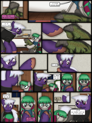 Size: 1750x2333 | Tagged: safe, artist:99999999000, oc, oc only, oc:firearm king, oc:li anna, earth pony, iguana, lizard, pegasus, pony, comic:journey, blood, clothes, comic, crying, door, female, glasses, injured, male, room