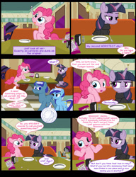 Size: 1042x1358 | Tagged: safe, artist:dendoctor, doctor whooves, mean twilight sparkle, minuette, pinkie pie, time turner, alicorn, earth pony, pegasus, pony, unicorn, comic:clone.., g4, alternate universe, bandage, clone, clothes, comic, diner, discord whooves, discorded whooves, female, food, fork, pepper, pinkie clone, plate, salt, taffy, twilight sparkle (alicorn)