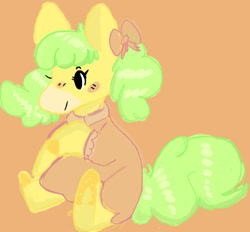 Size: 1280x1188 | Tagged: safe, artist:yaspup9000, oc, earth pony, pony, g1, bow, clothes, coat markings, dress, fluffy, green mane, hair bow, markings, sitting, solo, takara pony, yellow coat