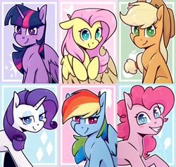 Size: 4096x3876 | Tagged: safe, artist:jellysketch, applejack, fluttershy, pinkie pie, rainbow dash, rarity, twilight sparkle, alicorn, earth pony, pegasus, pony, unicorn, g4, applejack's hat, blush sticker, blushing, bust, cowboy hat, cute, cutie mark background, female, floppy ears, grin, hat, high res, hooves to the chest, looking at you, mane six, mare, outline, partially open wings, raised hoof, smiling, twilight sparkle (alicorn), white outline, wings