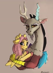 Size: 2568x3480 | Tagged: safe, artist:miokomata, discord, fluttershy, draconequus, pegasus, pony, g4, aside glance, bust, colored hooves, duo, duo male and female, eye clipping through hair, female, floppy ears, folded wings, freckles, freckleshy, frown, gradient background, hand on head, high res, holding a pony, hug, looking at you, male, mare, ship:discoshy, shipping, signature, simple background, smiling, smiling at you, straight, wings