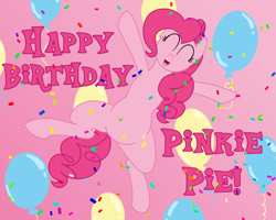 Size: 5000x4000 | Tagged: safe, artist:legendoflink, pinkie pie, earth pony, pony, g4, balloon, birthday, confetti, cute, diapinkes, eyes closed, gradient background, happy birthday, jumping, open mouth, smiling, solo, text