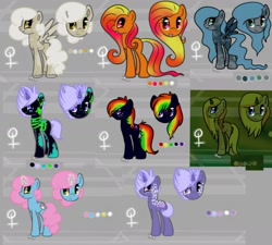 Size: 2000x1798 | Tagged: safe, artist:ifoopets, artist:vernorexia, oc, oc:cotton candy, oc:cottonwood, oc:peach sorbet, oc:skittles, oc:spray paint, unnamed oc, earth pony, pegasus, pony, unicorn, g4, adoptable, base used, black coat, body markings, coat markings, dappled, digital art, female, freckles, free, glowing, glowing horn, horn, jewelry, markings, missing cutie mark, necklace, oekaki, old art, random, random pony, reference sheet, show accurate, spots, spotted, stripes