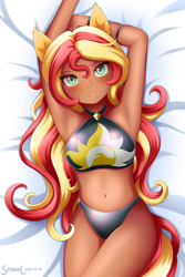 Size: 1200x1800 | Tagged: safe, artist:symbianl, sunset shimmer, human, equestria girls, g4, armpits, beach shorts swimsuit, belly button, bikini, bikini top, breasts, clothes, eared humanization, female, human coloration, looking at you, pony ears, smiling, smiling at you, solo, stupid sexy sunset shimmer, sunset shimmer's beach shorts swimsuit, swimsuit, tanned