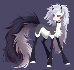 Size: 5600x5306 | Tagged: safe, artist:1an1, demon, demon pony, earth pony, hellhound, pony, absurd resolution, chest fluff, collar, crossover, ear fluff, fangs, female, grey hair, hellaverse, hellborn, hellhound pony, helluva boss, hooves, long hair, long tail, looking back, loona (helluva boss), mane, mare, pale belly, ponified, red sclera, side view, simple background, skinny, solo, spiked collar, tail, teeth, thin, white eyes