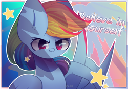 Size: 2300x1600 | Tagged: safe, artist:miryelis, rainbow dash, pegasus, pony, g4, colorful, female, gradient background, looking at you, mare, multicolored hair, positive ponies, rainbow hair, signature, smiling, smiling at you, solo, stars, text, wings