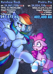 Size: 1600x2200 | Tagged: safe, artist:ravistdash, pinkie pie, rainbow dash, pony, g4, clothes, female, flying, galaxy, giantess, growth drive, macro, smiling, smirk, socks, space, striped socks, text