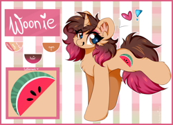Size: 3040x2204 | Tagged: safe, artist:woonborg, oc, oc:woonie, pony, unicorn, chest fluff, ear fluff, eyeshadow, food, high res, makeup, reference sheet, solo, watermelon
