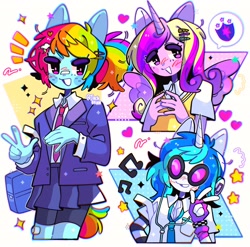 Size: 2048x2021 | Tagged: safe, artist:jack0ran, dj pon-3, princess cadance, rainbow dash, vinyl scratch, alicorn, unicorn, anthro, g4, blushing, clothes, cute, cutedance, dashabetes, earbuds, ears, female, hairpin, heart, high res, horn, music notes, necktie, peace sign, pictogram, ponytail, school uniform, shirt, skirt, smiling, speech bubble, stars, vinylbetes, wings