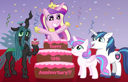 Size: 3300x2128 | Tagged: safe, artist:sweetielover, princess cadance, princess flurry heart, queen chrysalis, shining armor, alicorn, pony, unicorn, canterlot wedding 10th anniversary, g4, anniversary, cake, celebration, confetti, eating, female, food, happy, high res, male, older, smiling, streamers