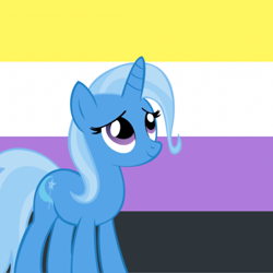 Size: 640x640 | Tagged: safe, artist:it-is-85-degrees, artist:recu153, edit, trixie, pony, unicorn, g4, cute, diatrixes, female, looking up, mare, nonbinary, nonbinary pride flag, pride, pride flag, smiling, solo