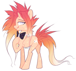 Size: 601x562 | Tagged: safe, artist:ifoopets, oc, oc:fin, fish, merpony, original species, pony, unicorn, bowtie, mohawk, multicolored hair, orange coat, orange mane, red mane, scales, simple background, solo, spiky mane, transparent background