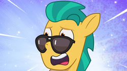 Size: 3410x1920 | Tagged: safe, screencap, hitch trailblazer, earth pony, pony, foal me once, g5, my little pony: tell your tale, spoiler:g5, spoiler:my little pony: tell your tale, high res, male, open mouth, reaction image, solo, stallion, sunglasses