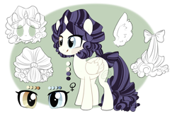 Size: 1200x785 | Tagged: safe, artist:ifoopets, oc, oc:delight, alicorn, pony, g4, alicorn oc, bow, curly mane, heterochromia, horn, purple mane, reference sheet, simple background, solo, tail, tail bow, transparent background, white coat, wings