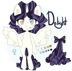 Size: 785x771 | Tagged: safe, artist:ifoopets, oc, oc only, oc:delight, alicorn, pony, bipedal, black mane, color palette, curly mane, female, heterochromia, long mane, long tail, multicolored mane, purple mane, reference sheet, simple background, solo, spread wings, standing, tail, transparent background, white coat, wings