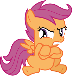 Size: 3000x3194 | Tagged: safe, artist:cloudy glow, scootaloo, pegasus, pony, g4, one bad apple, .ai available, angry, crossed hooves, cute, cutealoo, female, filly, foal, frown, high res, madorable, simple background, sitting, small wings, solo, spread wings, teeth, transparent background, vector, wings