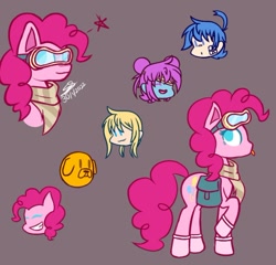 Size: 540x519 | Tagged: safe, artist:corruption-quintet, pinkie pie, dog, earth pony, human, pony, g4, :p, adventure time, bag, bandage, boyfriend, clothes, crossover, dusk till dawn, finn the human, friday night funkin', goggles, hair bun, jake the dog, male, pibby, saddle bag, scarf, smiling, socks, stars, tongue out