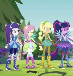 Size: 664x686 | Tagged: safe, screencap, applejack, fluttershy, rarity, sci-twi, twilight sparkle, human, equestria girls, g4, my little pony equestria girls: legend of everfree, boots, camp everfree, cowboy boots, cropped, crystal guardian, high heel boots, shoes, sleeveless