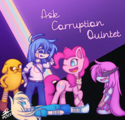 Size: 540x519 | Tagged: safe, artist:corruption-quintet, pinkie pie, dog, earth pony, human, pony, g4, adventure time, ask, bandage, boyfriend, clothes, crossover, dusk till dawn, eyepatch, finn the human, friday night funkin', jake the dog, male, one eye closed, pibby, scarf, smiling, socks, wink