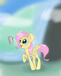 Size: 1200x1508 | Tagged: safe, artist:twiliset, fluttershy, butterfly, pegasus, pony, g4, beautiful, blurry background, cloud, cute, female, filly, foal, grass, happy, looking at something, looking up, open mouth, open smile, outdoors, raised hoof, river, rock, shine, sky, smiling, solo, spread wings, standing, three quarter view, water, wings, younger