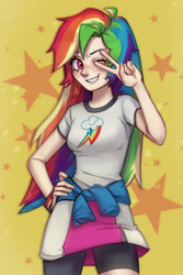 Size: 3800x5672 | Tagged: safe, artist:oops pio, rainbow dash, human, equestria girls, g4, clothes, cute, dashabetes, happy, human coloration, humanized, one eye closed, peace sign, shirt, skirt, smiling, smirk, solo, standing, t-shirt, wink
