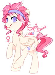 Size: 429x579 | Tagged: safe, artist:ifoopets, oc, oc:spell bound, oc:spellbound, pegasus, pony, color palette, female, female symbol, headband, red mane, short mane, short tail, simple background, tail, transparent background
