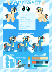 Size: 2529x3500 | Tagged: safe, oc, oc only, oc:turbo swifter, pegasus, pony, clothes, color palette, cutie mark, goggles, high res, pegasus oc, reference sheet, size chart, size comparison, uniform, wonderbolts uniform
