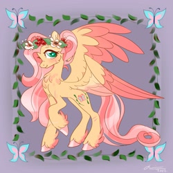 Size: 1915x1915 | Tagged: safe, artist:creeate97, fluttershy, pegasus, pony, g4, alternate cutie mark, alternate hairstyle, aside glance, cheek fluff, chest fluff, colored wings, feathered fetlocks, female, floral head wreath, flower, fluttershy day, looking at you, mare, raised hoof, smiling, solo, spread wings, standing, two toned wings, unshorn fetlocks, wings