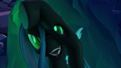 Size: 1920x1080 | Tagged: safe, artist:jaymihay, queen chrysalis, changeling, g4, 3d, grin, light, looking at you, simple background, smiling, solo, source filmmaker, youtube, youtube link