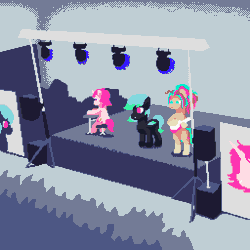 Size: 1024x1024 | Tagged: safe, artist:vohd, oc, oc only, bat pony, pegasus, pony, unicorn, bronycon, animated, crowd, gif, guitar, headbang, musical instrument, party, piano, pixel art, stage