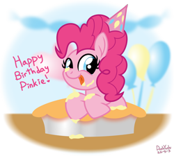 Size: 2000x1800 | Tagged: safe, artist:dashyoshi, pinkie pie, earth pony, pony, g4, .svg available, balloon, cute, diapinkes, food, frosting, happy birthday, hat, heart, looking at you, messy eating, party hat, pie, pinkie pie's birthday, simple background, smiling, solo, svg, table, text, tongue out, transparent background, vector