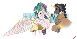 Size: 12205x6197 | Tagged: safe, artist:sourcherry, king sombra, princess celestia, alicorn, pony, unicorn, g4, absurd resolution, alternate hairstyle, bedroom eyes, blushing, blushing profusely, clothes, dress, duo, duo male and female, female, flower, glowing, glowing horn, good king sombra, hat, horn, long mane, magic, magic aura, male, mare, open mouth, open smile, ponytail, rose, ship:celestibra, shipping, sideburns, simple background, smiling, spread wings, stallion, straight, telekinesis, top hat, white background, wings
