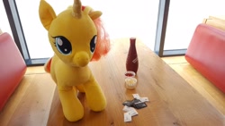 Size: 2048x1152 | Tagged: safe, sunset shimmer, pony, unicorn, g4, build-a-bear, five guys, food, irl, ketchup, mayonnaise, photo, plushie, sauce, solo
